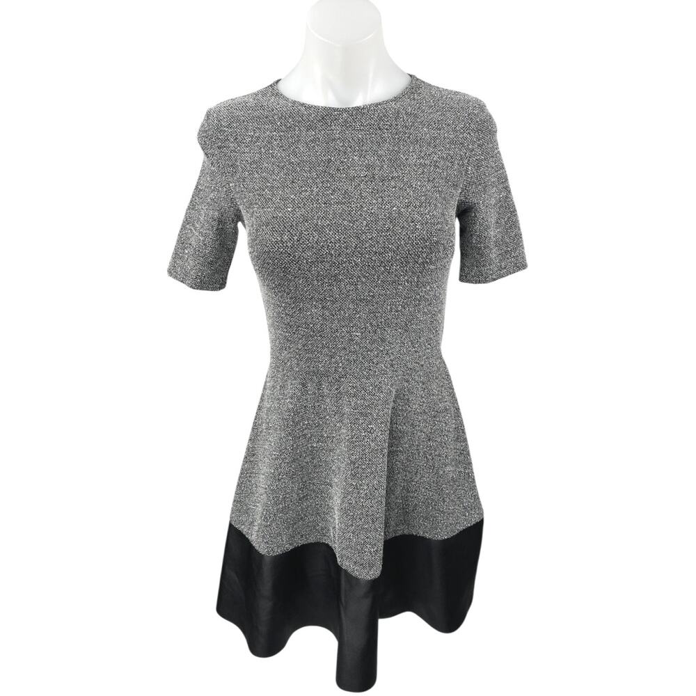 Aqua Gray Tweed Faux Leather Hem Short Sleeve Mini A-Line Fit & Flare Dress Sz S